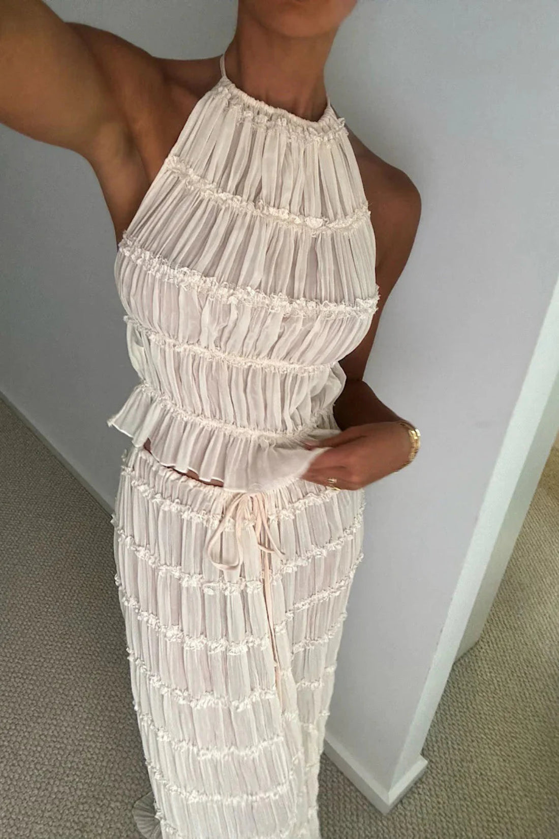 Ruched Sheer Halter Top & Maxi Skirt Co-Ord